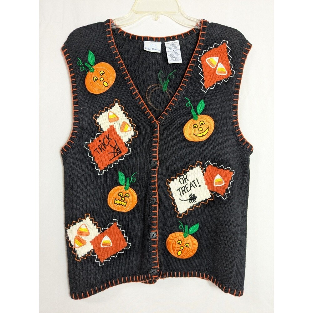 Vtg Bobbie Brooks Halloween Patchwork Embroidered Pumpkin Sweater Vest Medium